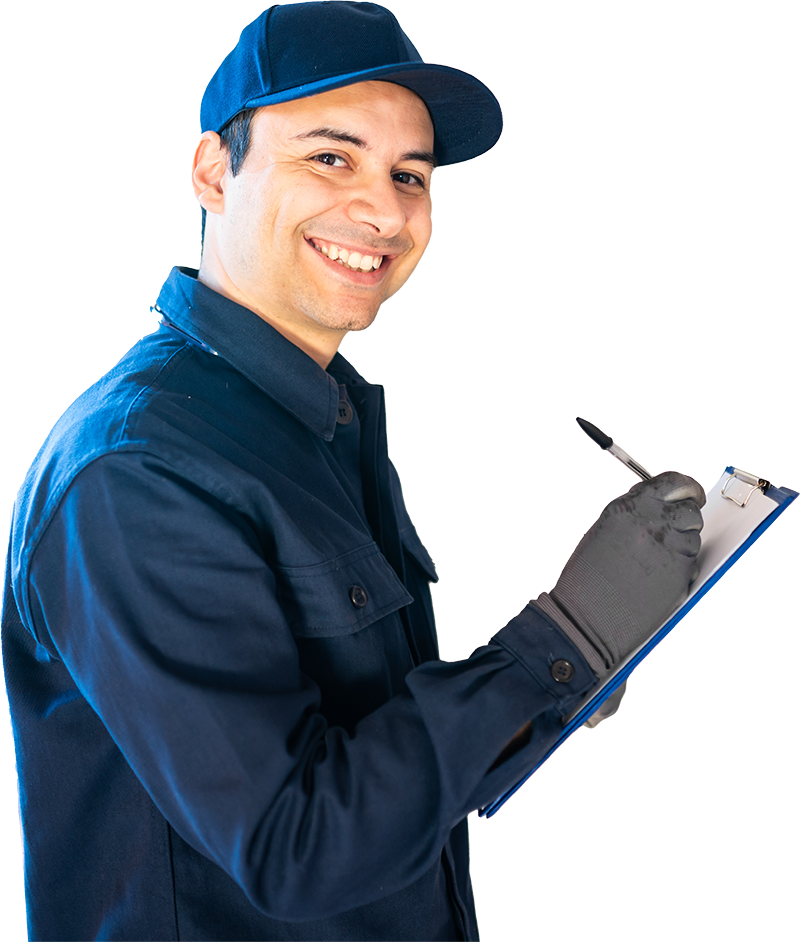 Tecnico di iltecnico2424 SRL in uniforme blu, sorridente, con clipboard e penna, pronto a installare e mantenere sistemi di climatizzazione ProOzone e stufe senza canna fumaria, garantendo aria pulita e comfort termico.
