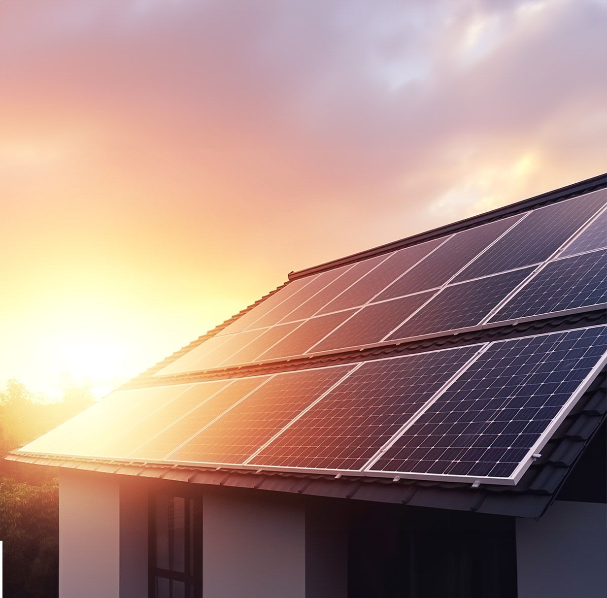 Pannelli solari montati sul tetto di una casa, illuminati dalla luce del tramonto, rappresentando l'impegno di iltecnico2424 SRL per l'energia rinnovabile.