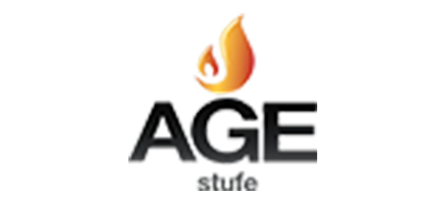 Logo di AGE con una fiamma stilizzata sopra il nome, simbolo della collaborazione con iltecnico2424 SRL per soluzioni di riscaldamento di alta qualità.