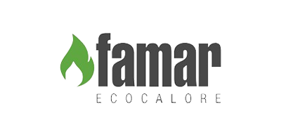 Logo di Famar Ecolcalore con una fiamma verde, rappresentando la collaborazione con iltecnico2424 SRL per prodotti di riscaldamento ecologico.
