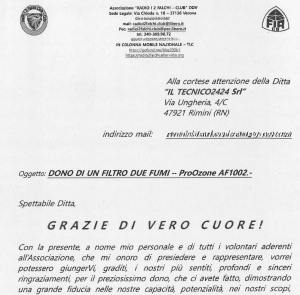 Lettera su carta intestata dell'Associazione RADIO I 2 FALCHI - CLUB ODV indirizzata a iltecnico2424 Srl. L'oggetto della lettera è "DONO DI UN FILTRO DUE FUMI - ProOzone AF1002". Il corpo della lettera inizia con "GRAZIE DI VERO CUORE!" e prosegue con un messaggio di ringraziamento per la donazione ricevuta.